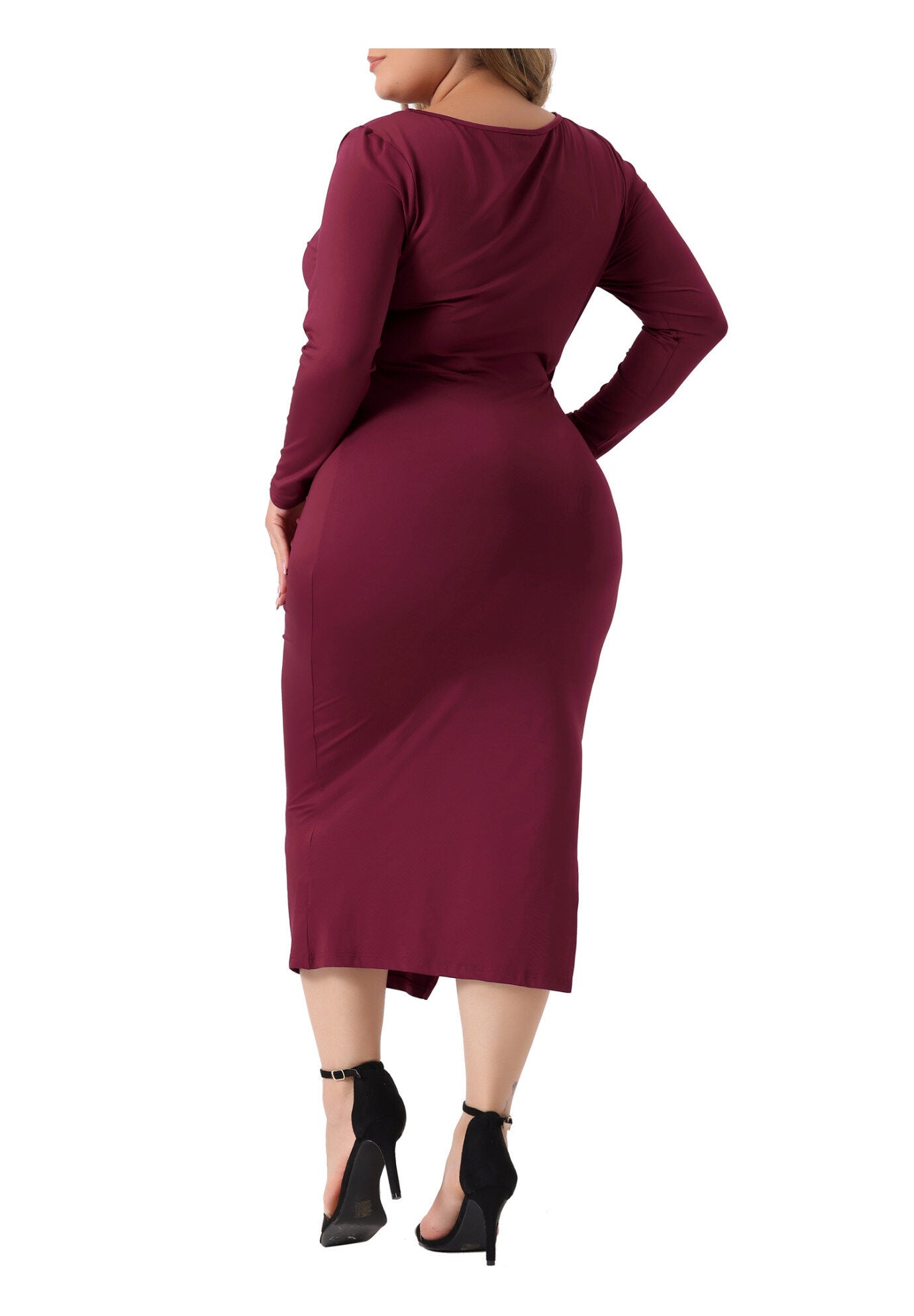 Long Sleeve Crew Neck Side Slit Ruched Bodycon Dress, Burgundy / Burgundy, alternate image number 3