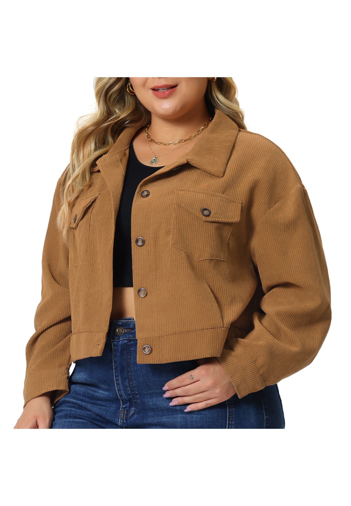 CORDUROY CROPPED BUTTON DOWN LONG SLEEVE SHIRT SHACKET JACKET, Brown / Brown, alternate image number 2
