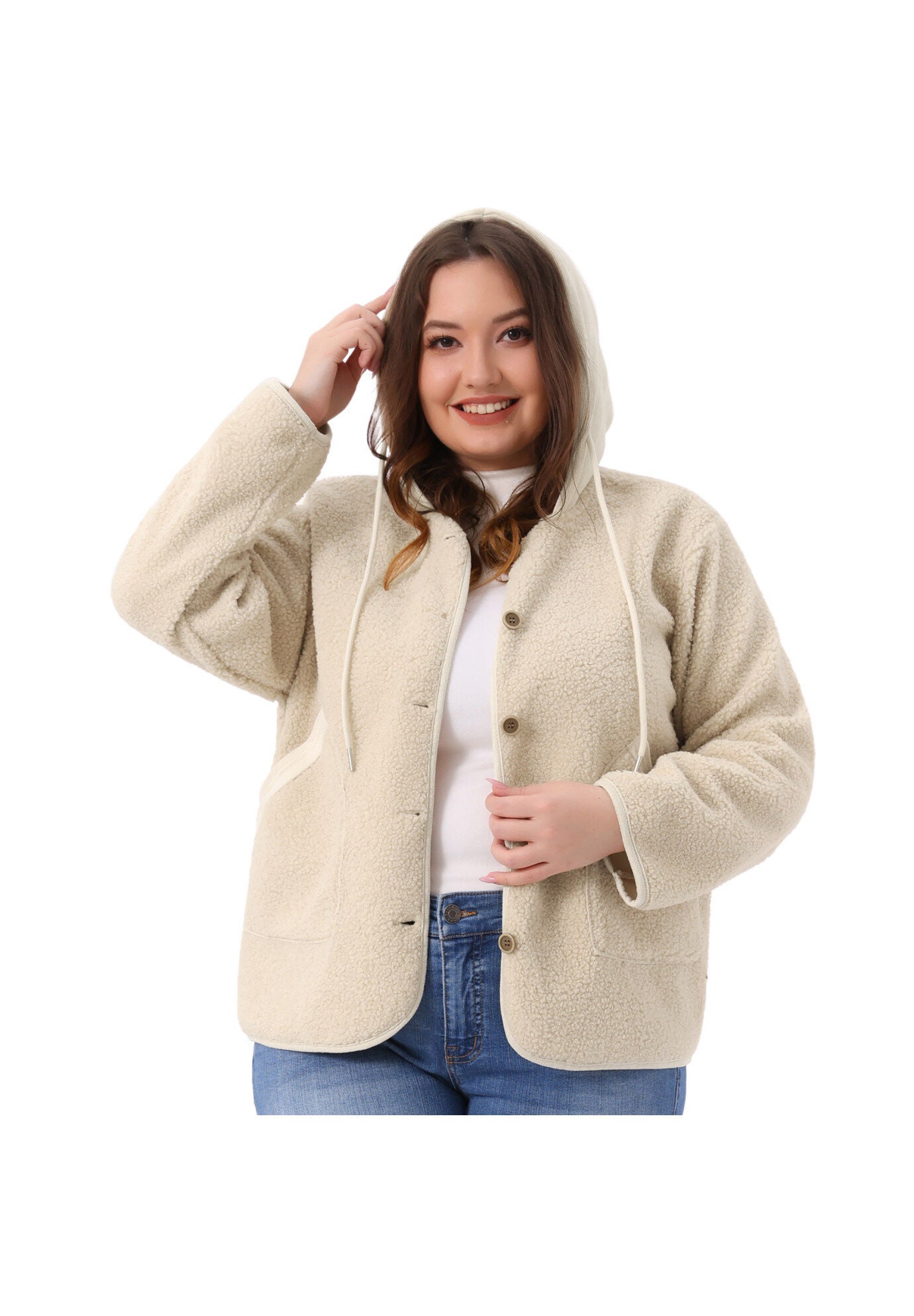 Hooded Fleece Teddy Fluffy Outerwear Coats with Pockets, Beige / Beige, alternate image number 1