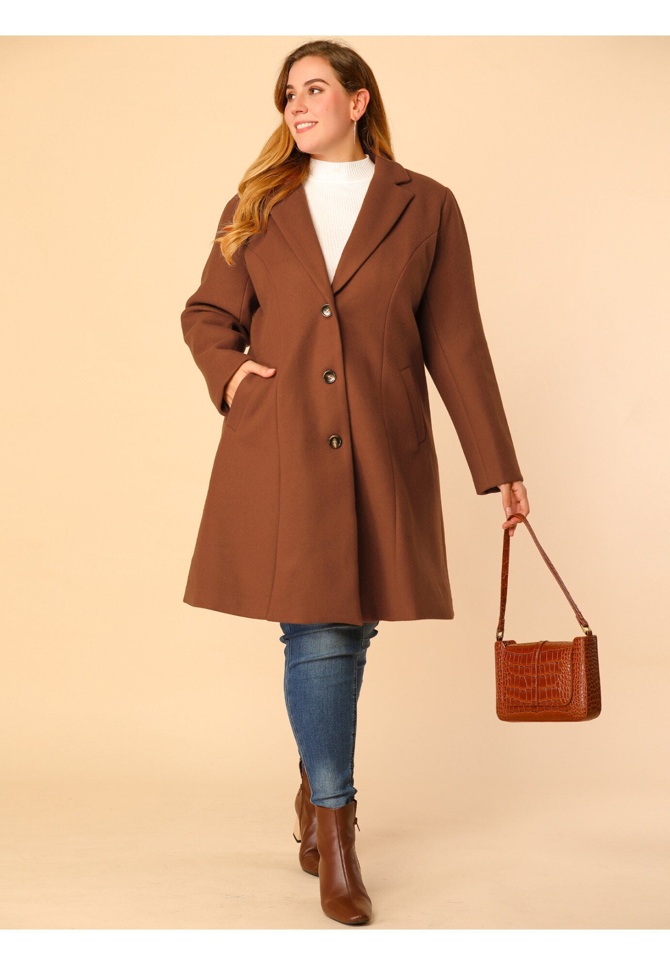 SINGLE BREASTED NOTCHED LAPEL LONG WINTER COAT, Brown / Brown, hi-res image number 0