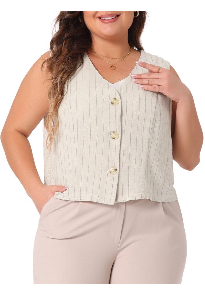 Sleeveless Button Down V Neck Crop Waistcoat Linen Vest, Beige / Beige, alternate image number 2