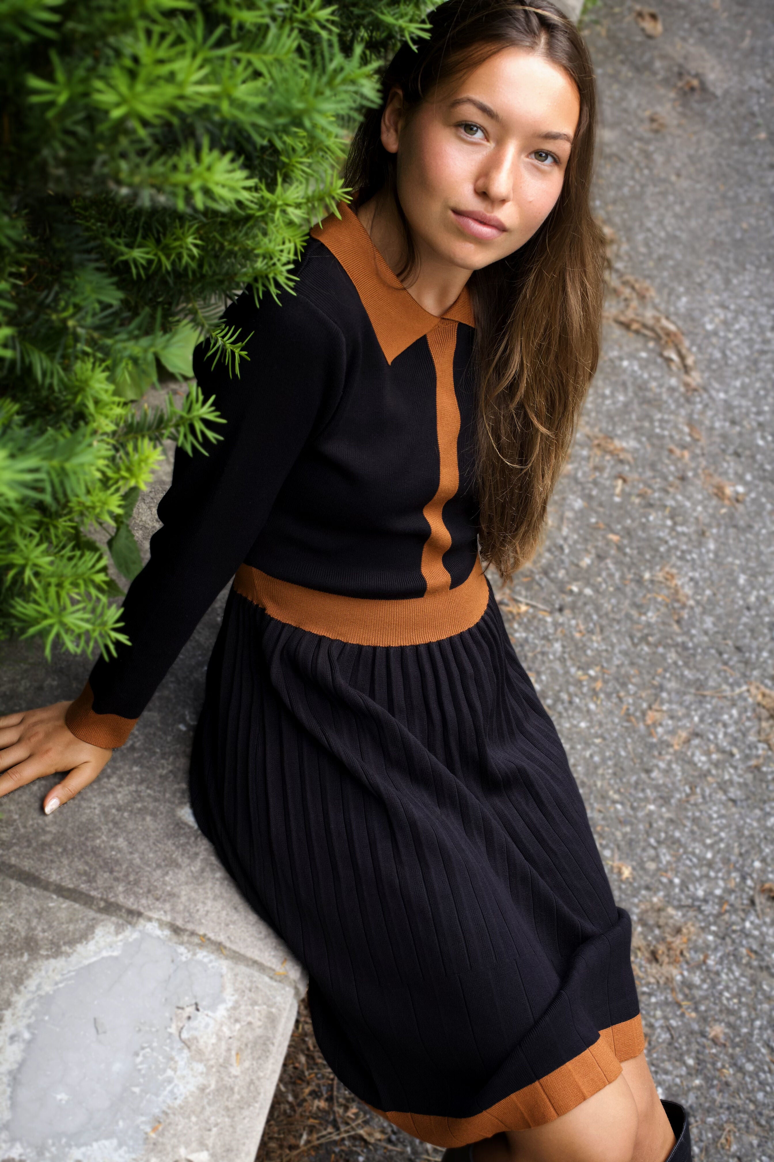 Clarissa Knit Women's Dress Contrast Trim Long Sleeves, Black / Black, alternate image number 1