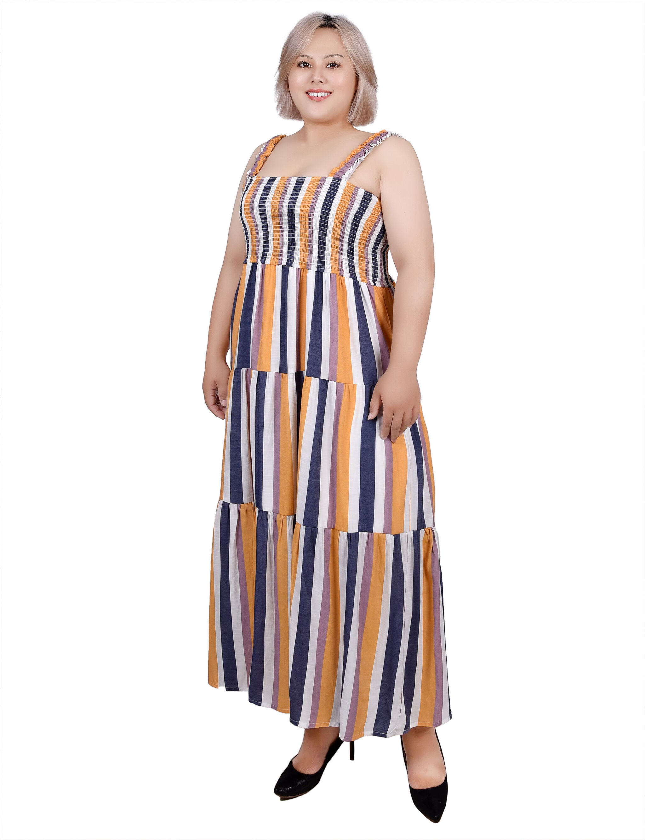 Smocked-Bodice Tiered Dress, Blue Gold Stripe / blue, alternate image number 2