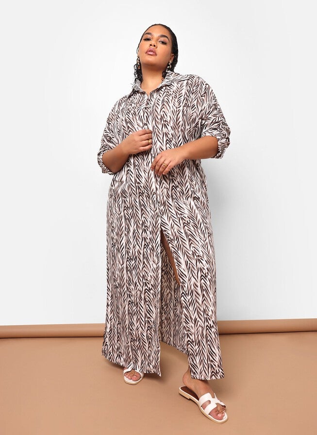 ISHA BAMBOO PRINT BUTTON FRONT MAXI COLLARED DRESS, White / White, alternate image number null