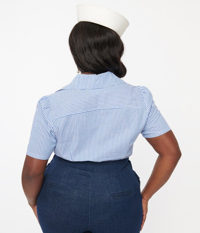 Unique Vintage 1940s Blue Striped Seahorse Cotton Blouse, Blue Striped Seahorse / Light Blue, alternate image number null