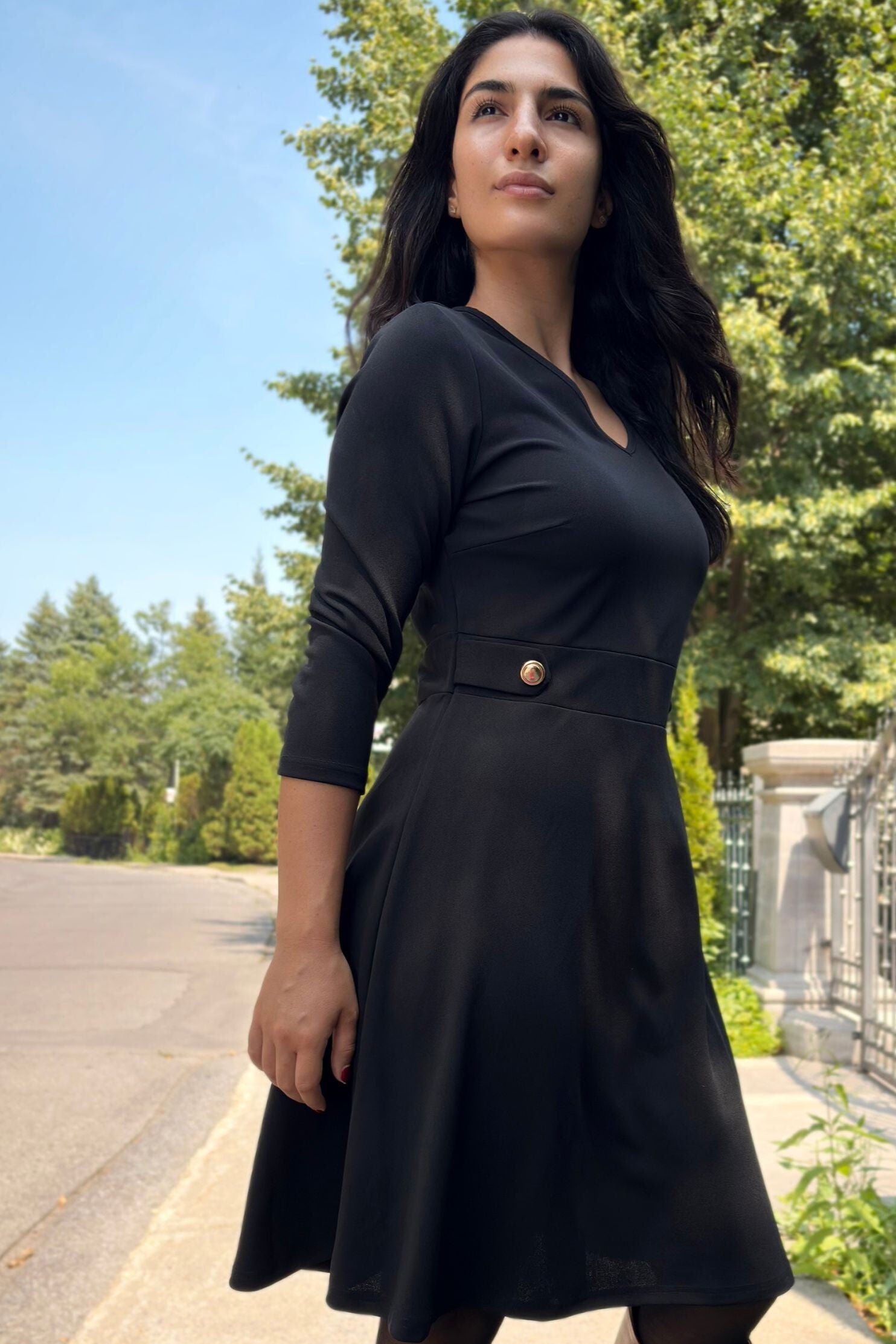 Nathalie A-Line Dress V-Neckline Structured Fit Gold Button Detail, BLACK / Black, alternate image number 2