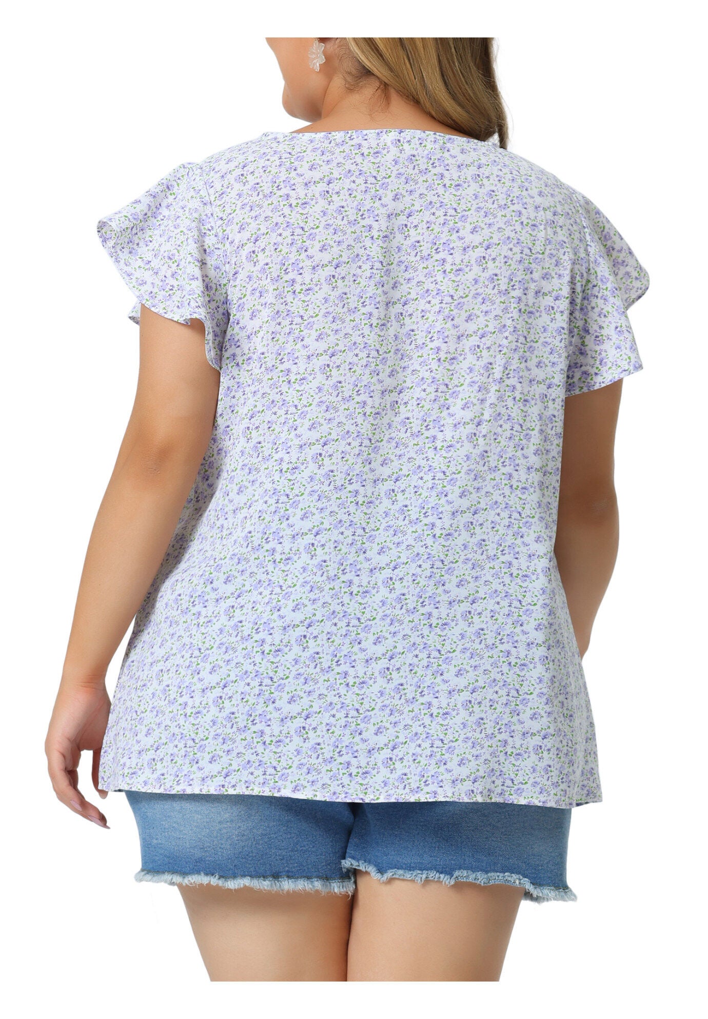 Summer Top Floral Round Neck Short Sleeves Ruffle Blouse, Purple / Purple, alternate image number 3
