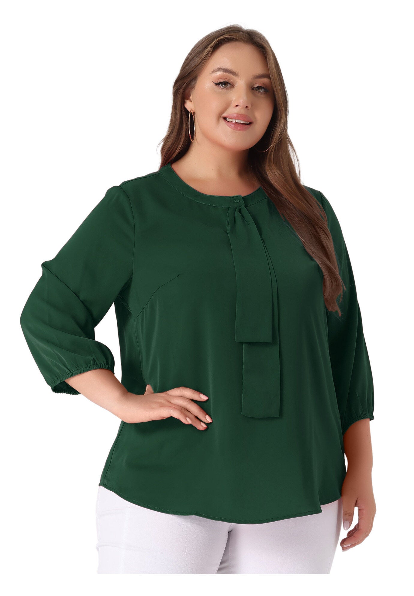 Work Round Neck Ruffle Chiffon Blouse Top, Green / Forest Green, alternate image number 2