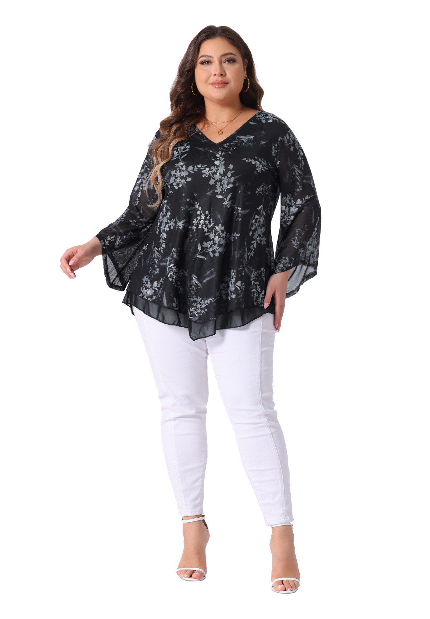 V Neck Mesh Flowy 3/4 Flared Sleeve Tunic Blouse Top, Black / Black, hi-res image number 0