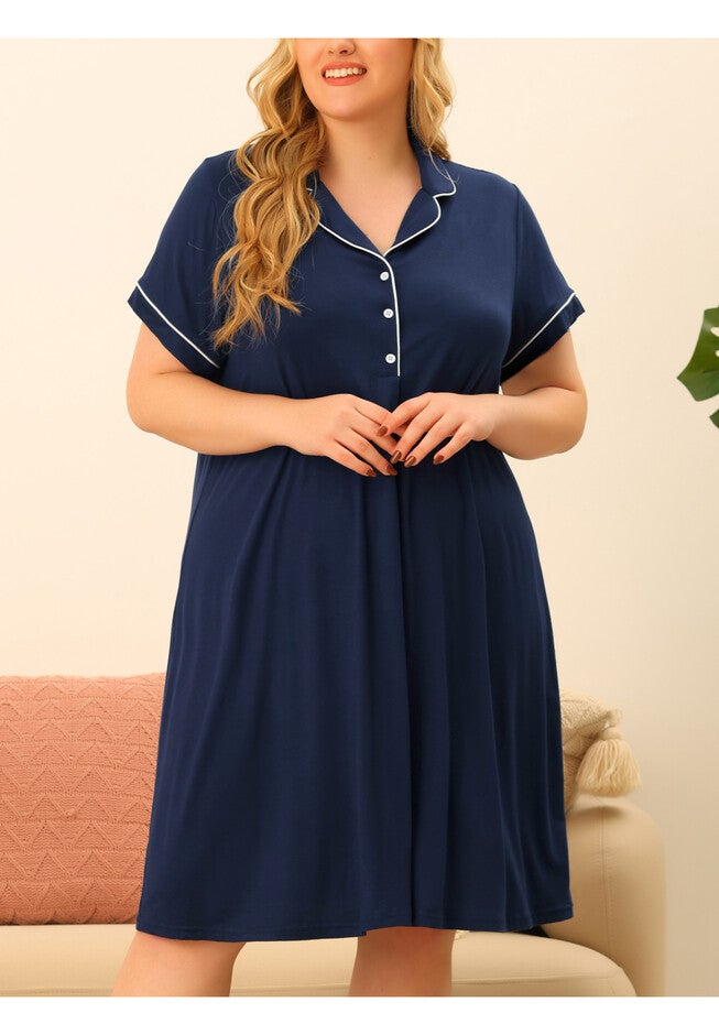 Short Sleeves Pajama Button Down Nightshirt, Dark Blue / Navy, alternate image number 1