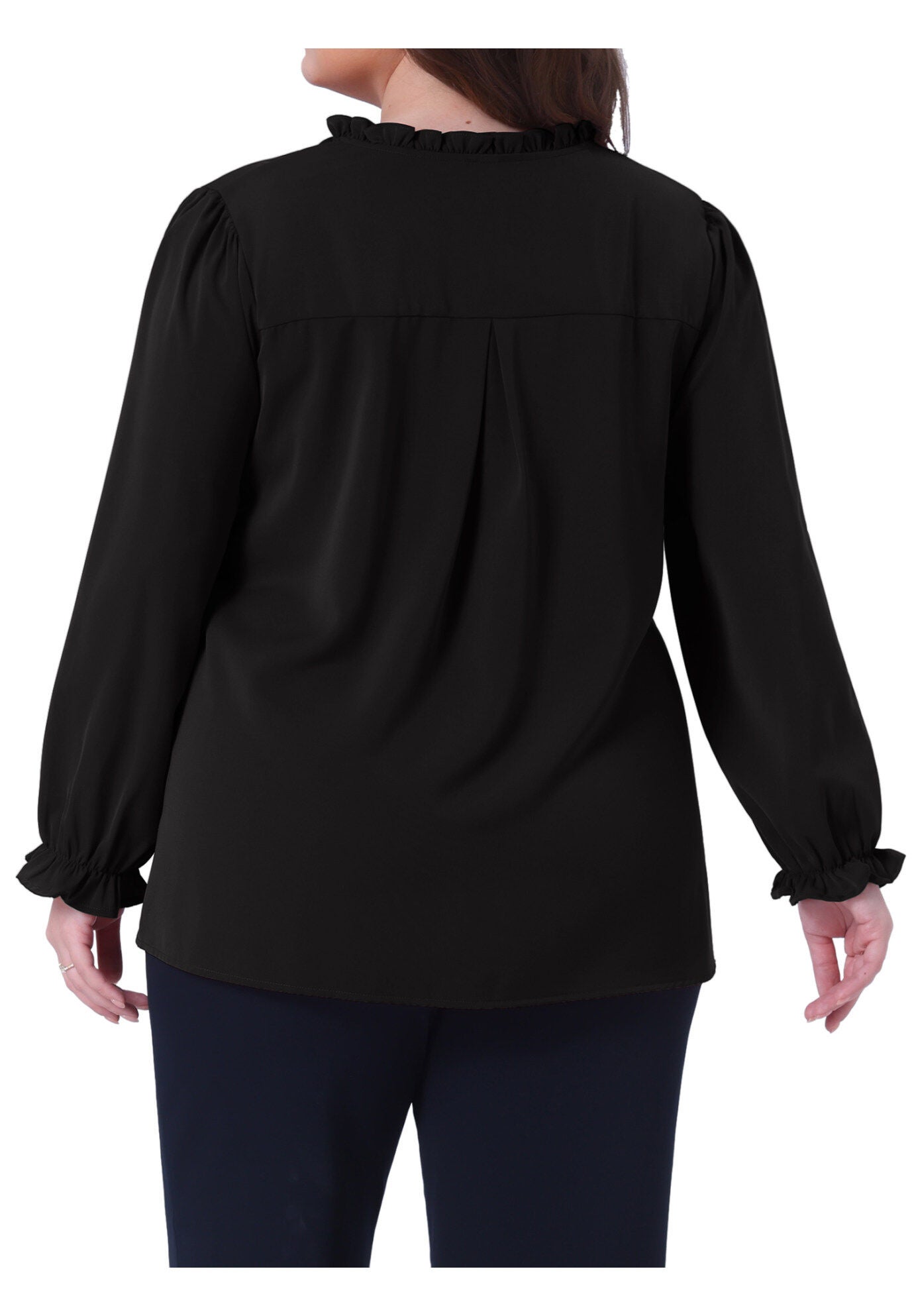 Long Sleeve Ruffle Front Pleated Top Elastic Cuff Blouse, Black / Black, alternate image number 3