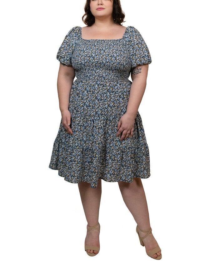 Scarlette Dress Fit Flared Tiered Ditsy Flowers Blue, Blue / Navy, hi-res image number 0