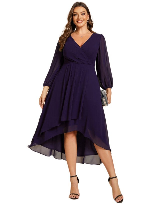 Long Sleeves Asymmetrical Hem A-Line Midi Wedding Guest Dress | Dia & Co