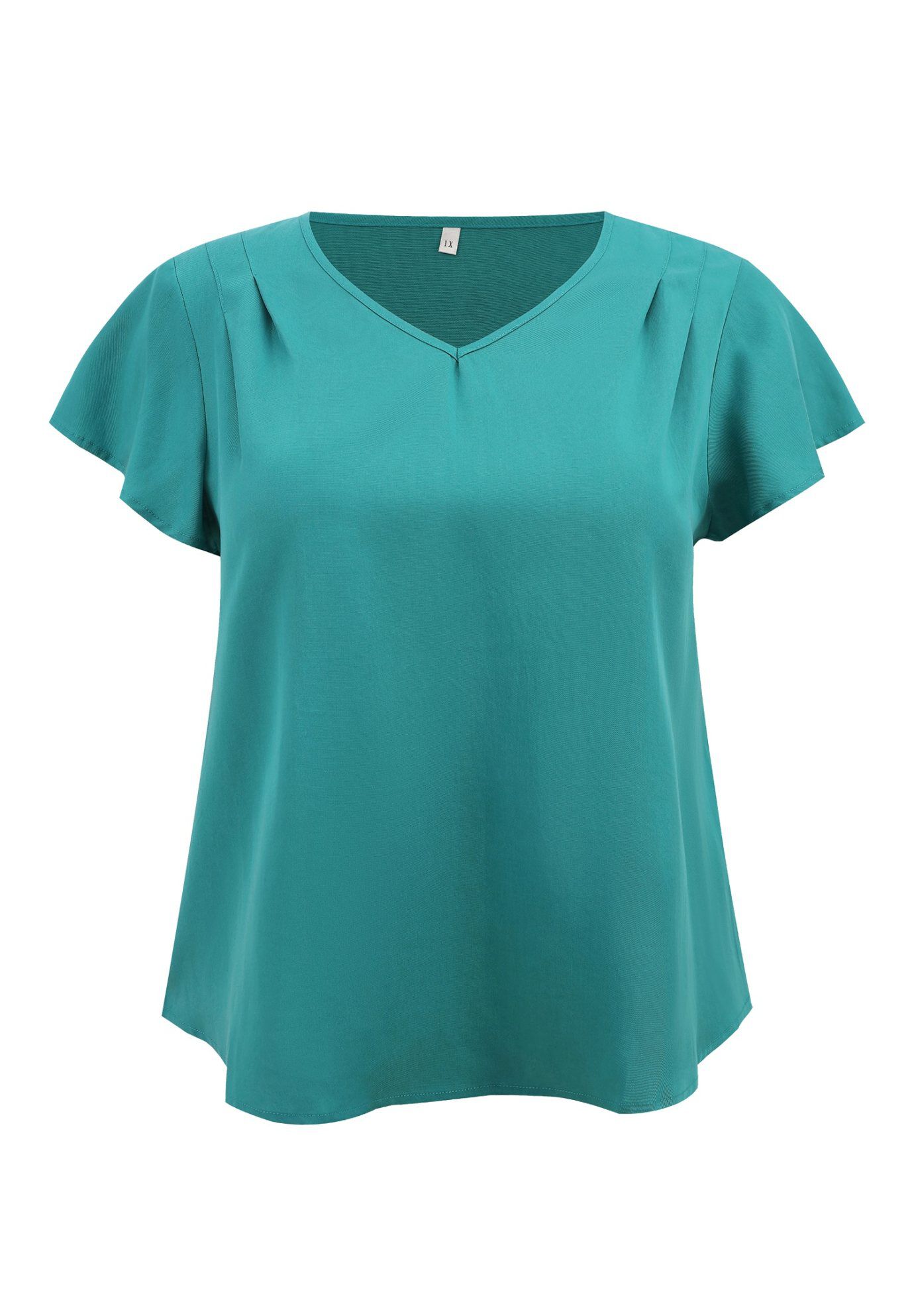 V Neck Shoulder Pleated Ruffle Short Sleeve Blouse, Lake Blue / Azure Blue, alternate image number 3