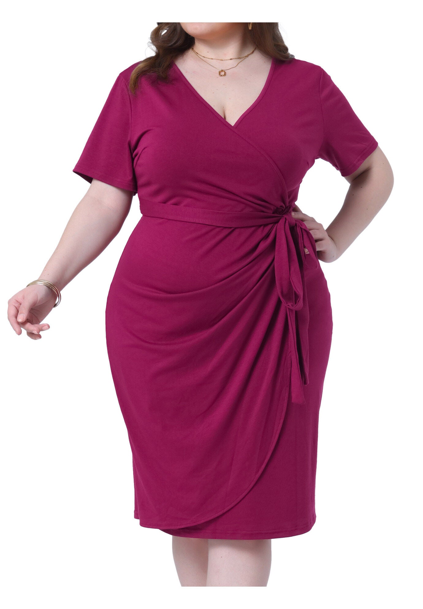 V Neck Ruched Wrap Belted Bodycon Midi Dress, Burgundy / Burgundy, alternate image number 2