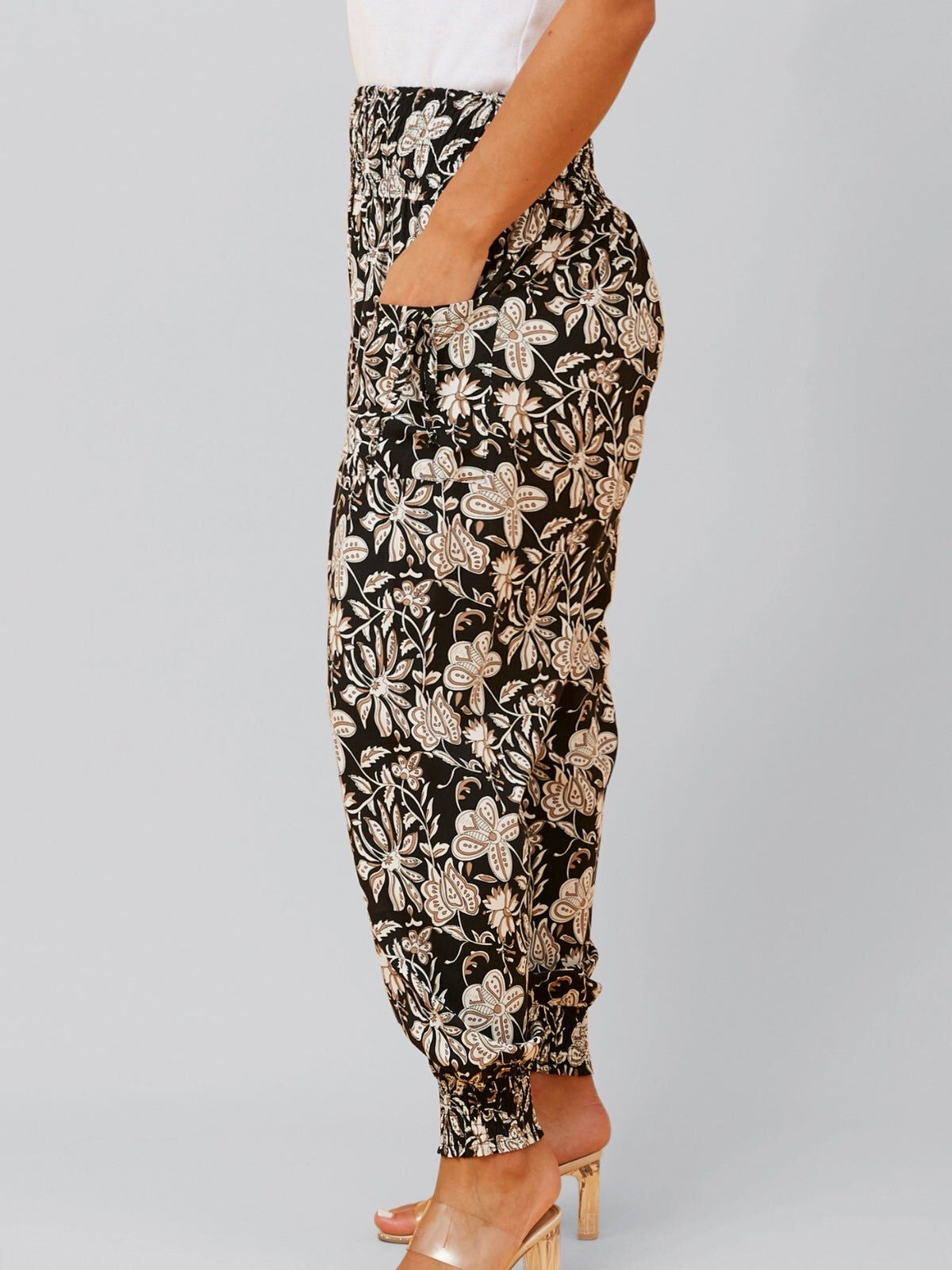 Abelle Pants Harem Boho Smocked Waist, Black / Black, alternate image number 2