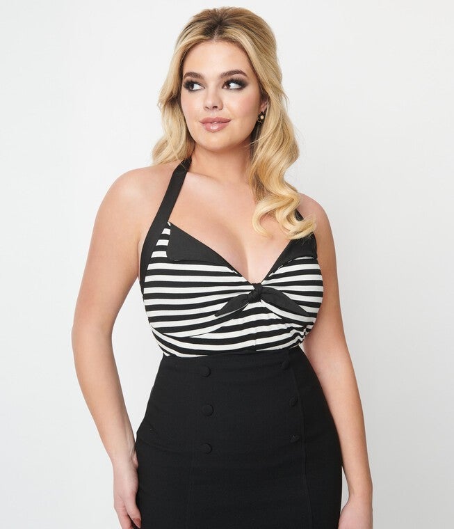 Unique Vintage Black & White Striped Halter Top, BlackWhite Stripes / Black, alternate image number 1