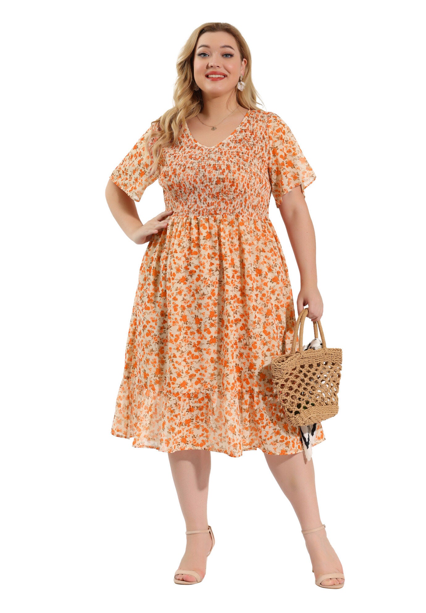 Flare Smock Ruffle Chiffon Floral Midi Dress, White / White, hi-res image number 0