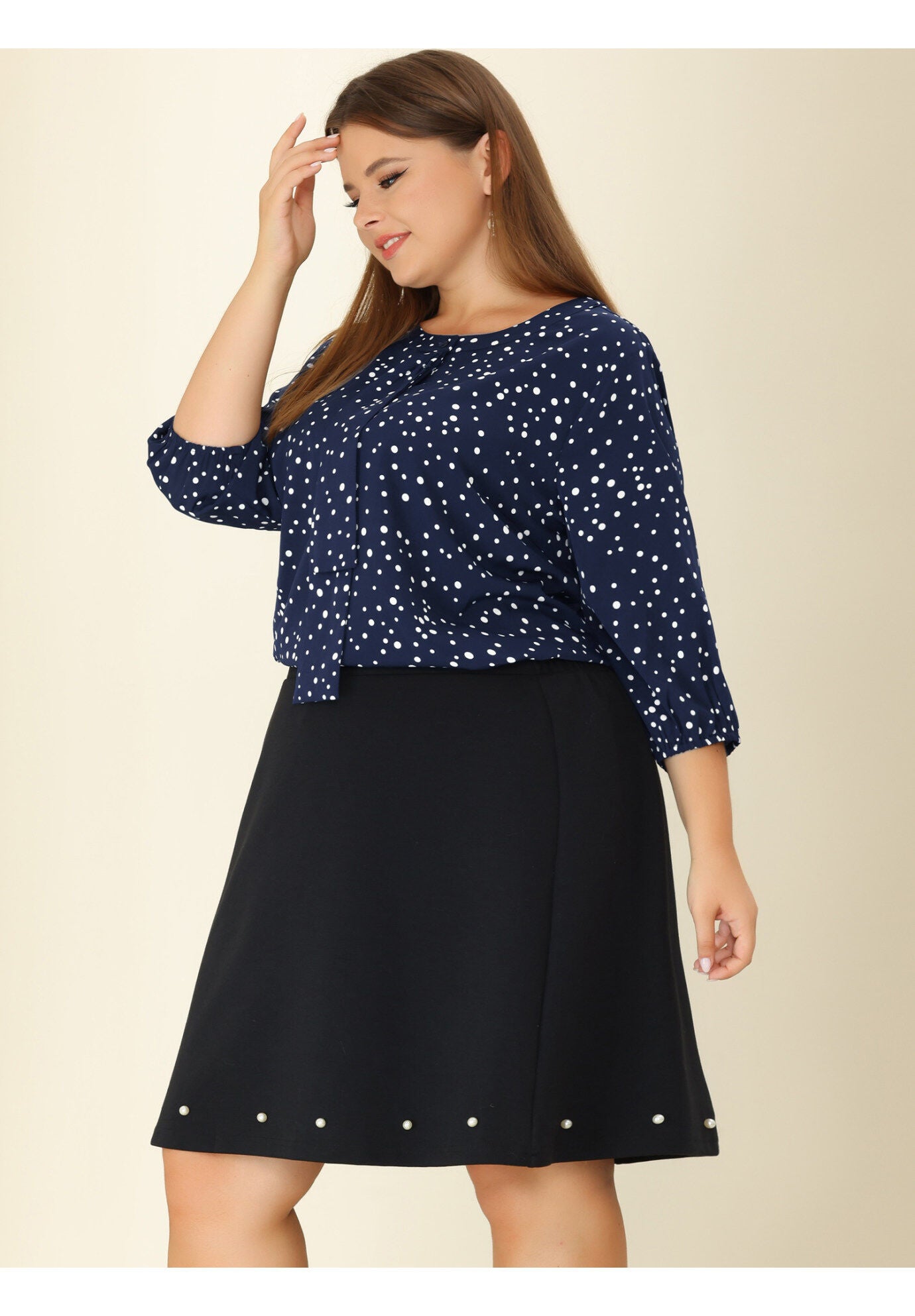 Work Round Neck Ruffle Chiffon Blouse Top, Blue White / Navy, hi-res image number 0