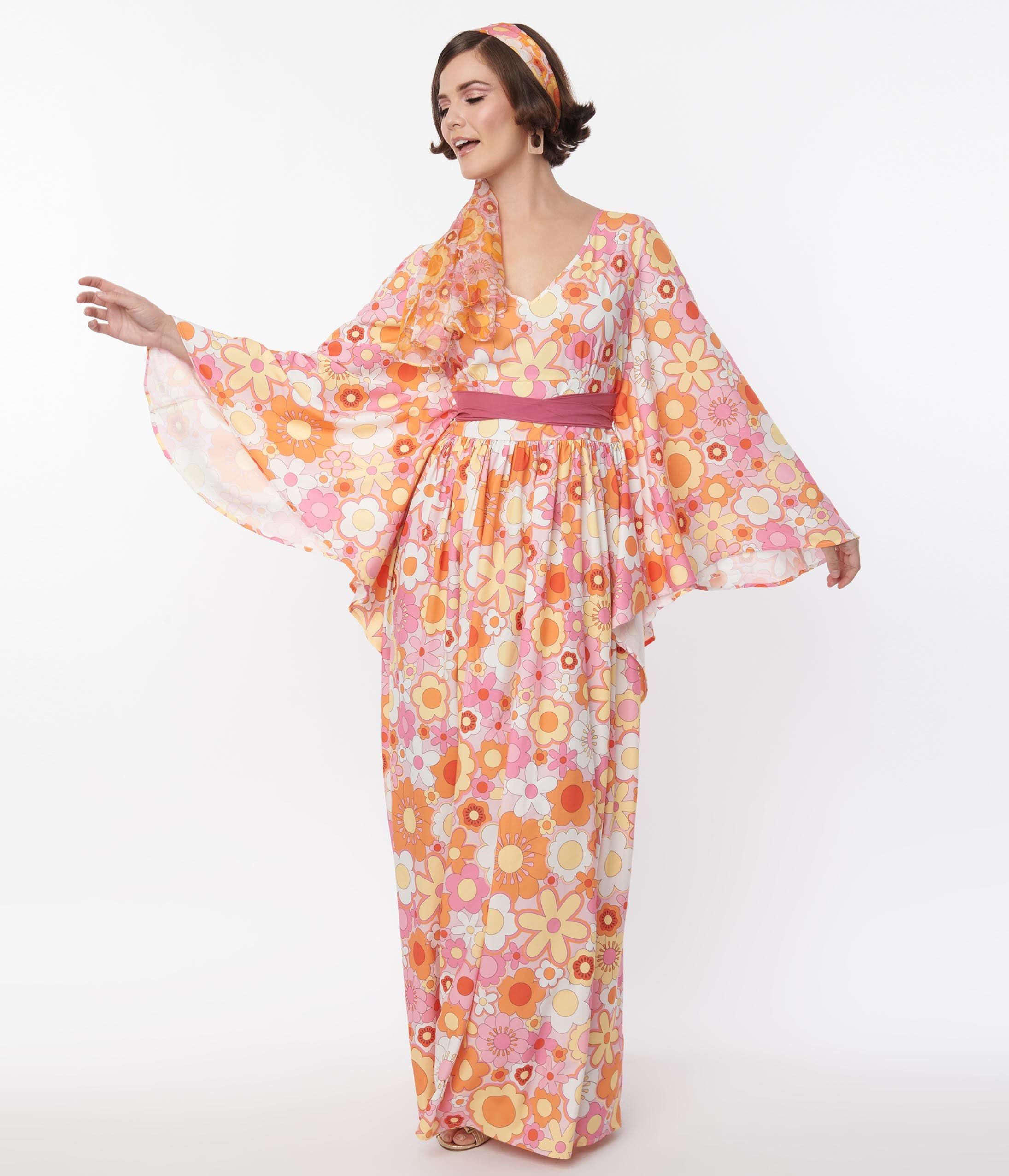 Smak Parlour Orange & Pink Mod Bloom Belted Caftan, Pink  OrangeFloral / Pink, alternate image number 2