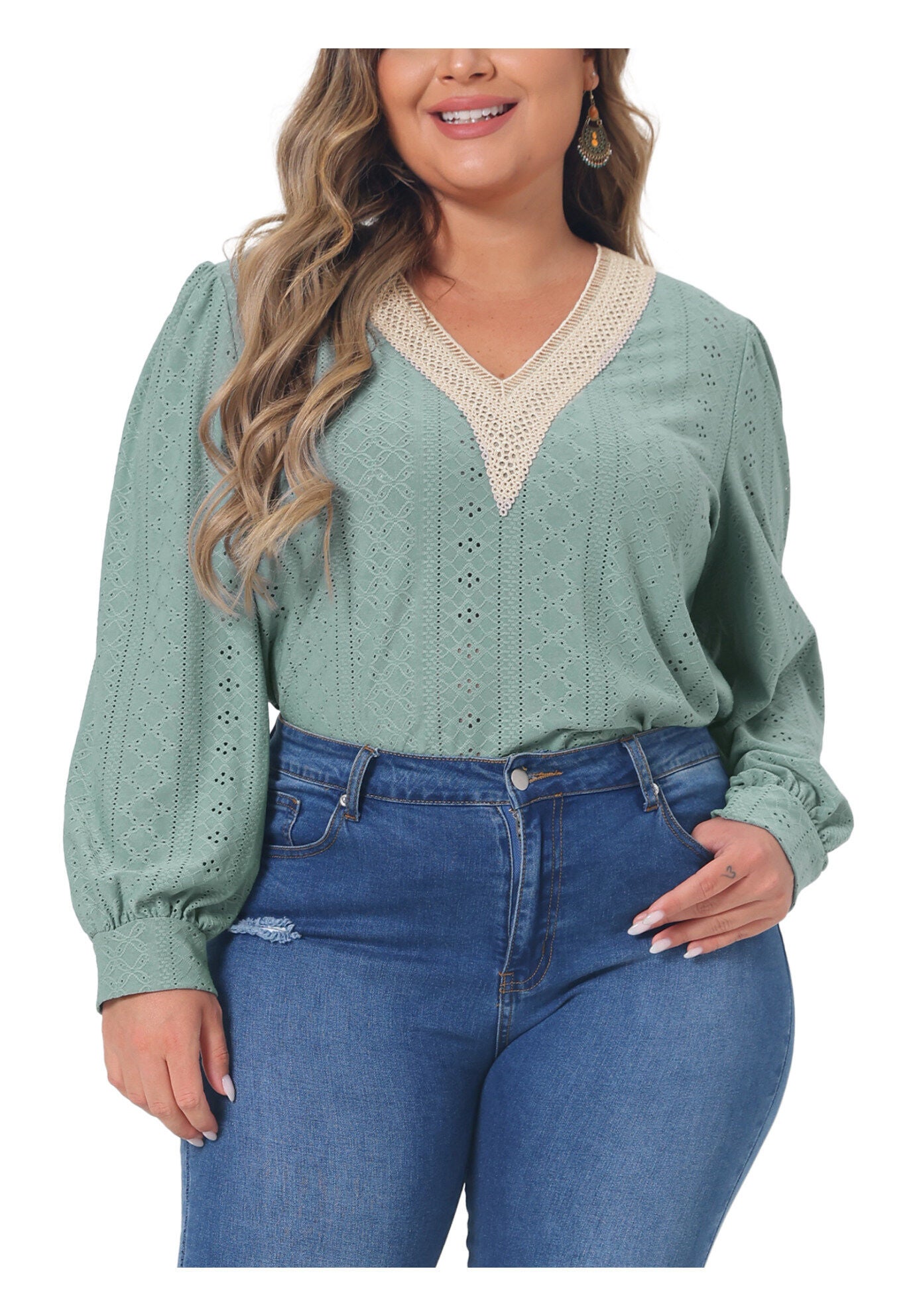 Lace V Neck Petal Long Sleeve Blouse Eyelet Hollow Top, Green / Mint, alternate image number 2