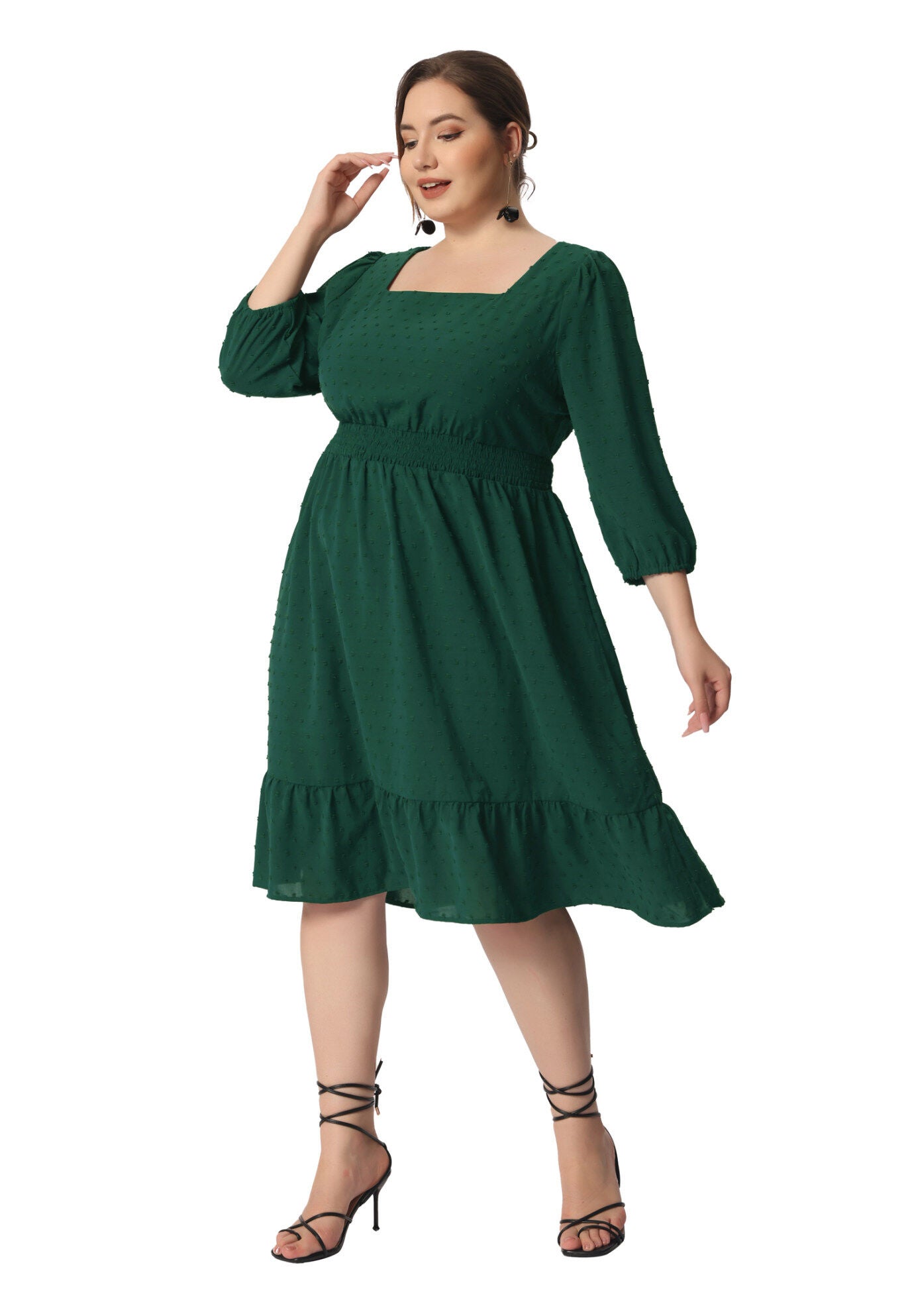 Swiss Dots Bohemian Square Neck Midi Chiffon Dress, Green / Forest Green, hi-res image number 0