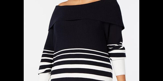 Tommy Hilfiger Women's Plus Striped Off-The-Shoulder Cotton Sweater Black/White Size 3X, , alternate image number null