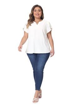 Notched V Neck Short Petal Sleeve Shirt Top