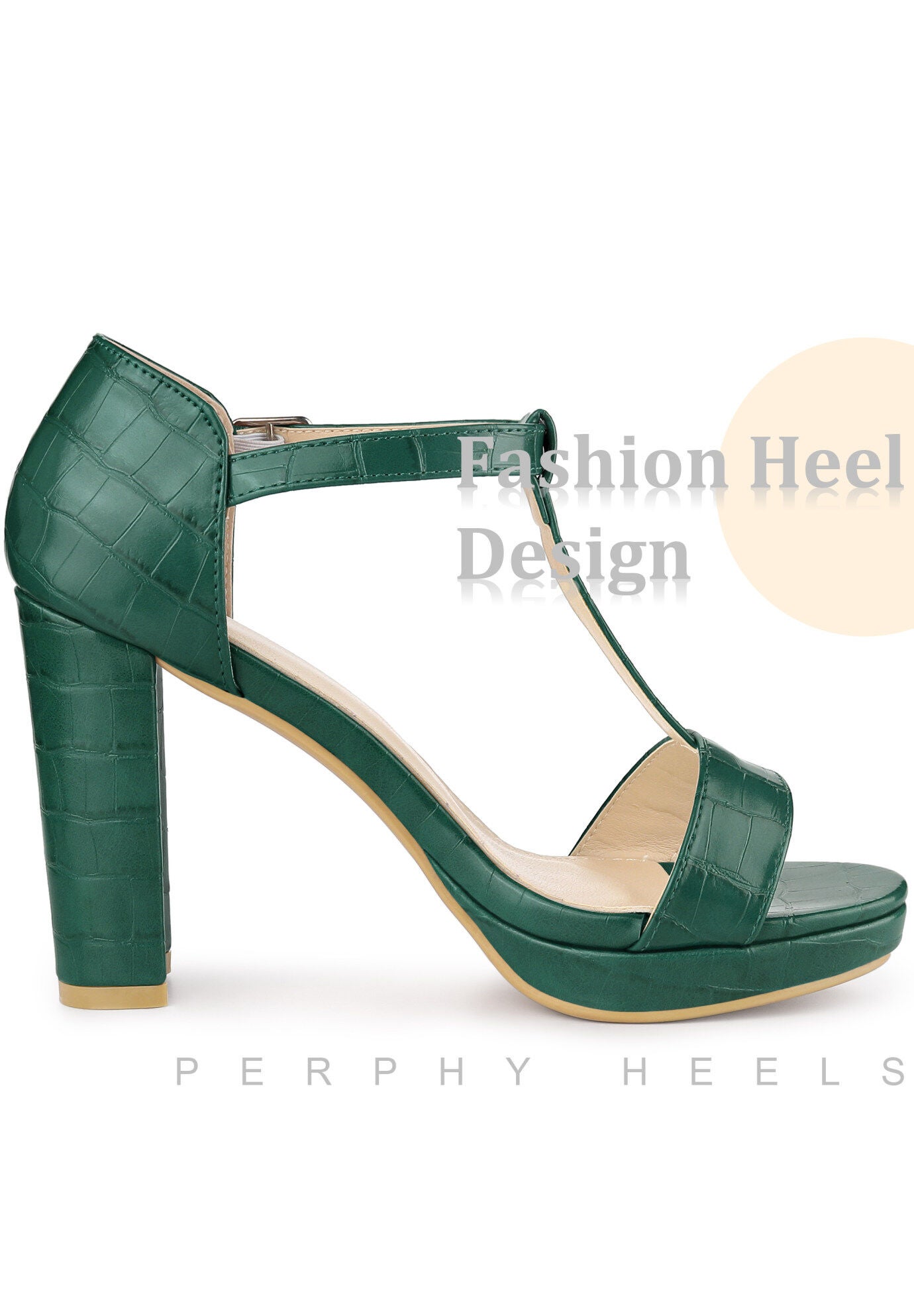 Platform Print Embossed Ankle Strap Chunky Heels Sandals, Dark Green / Forest Green, alternate image number 3
