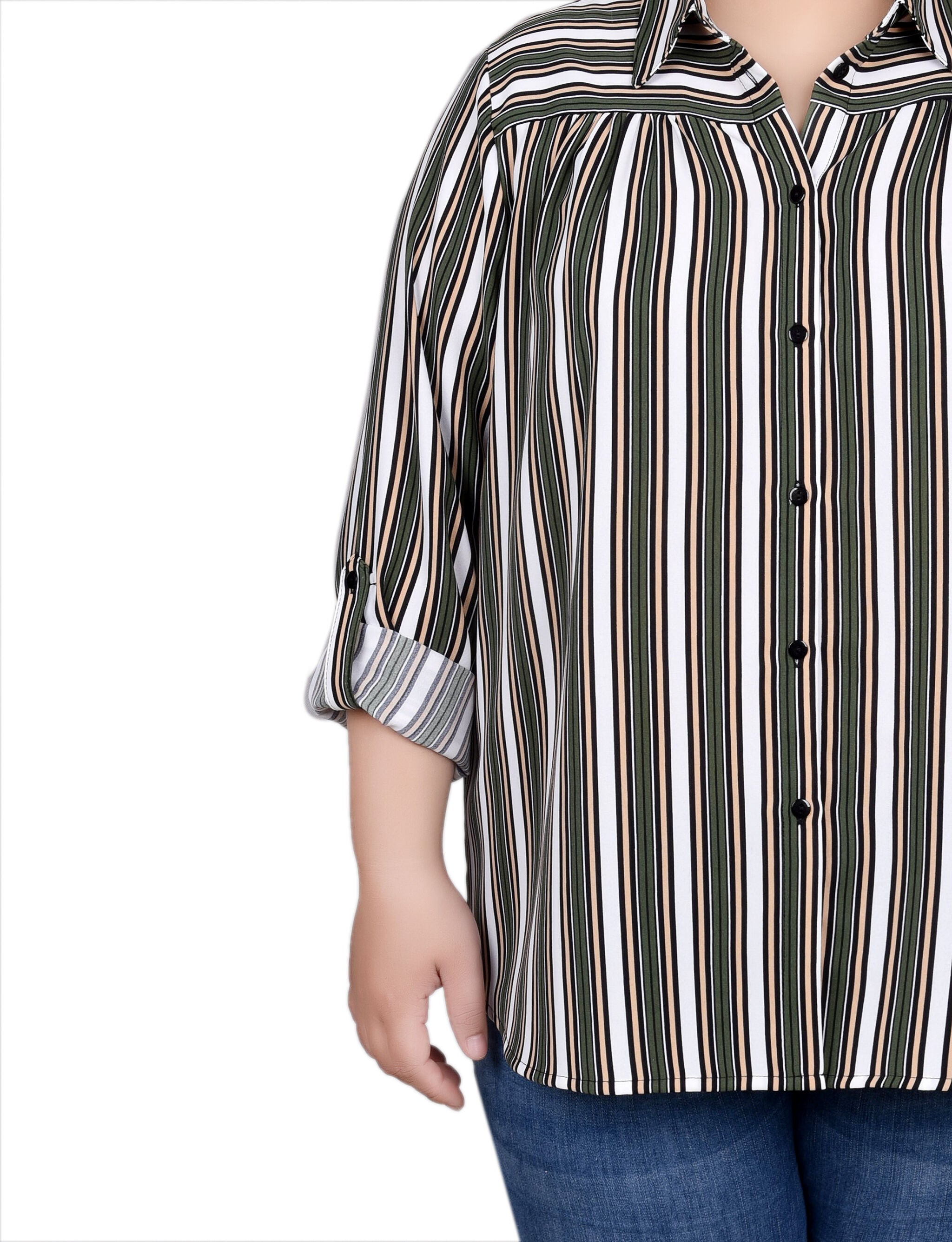 Long Roll Tab Sleeve Blouse, White Olive Stripe / white, alternate image number 2