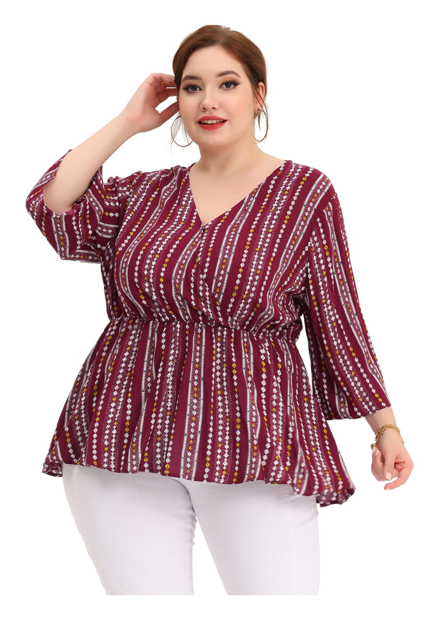 Boho Work V Neck Striped Peplum Top Blouse, Red / Red, hi-res image number 0
