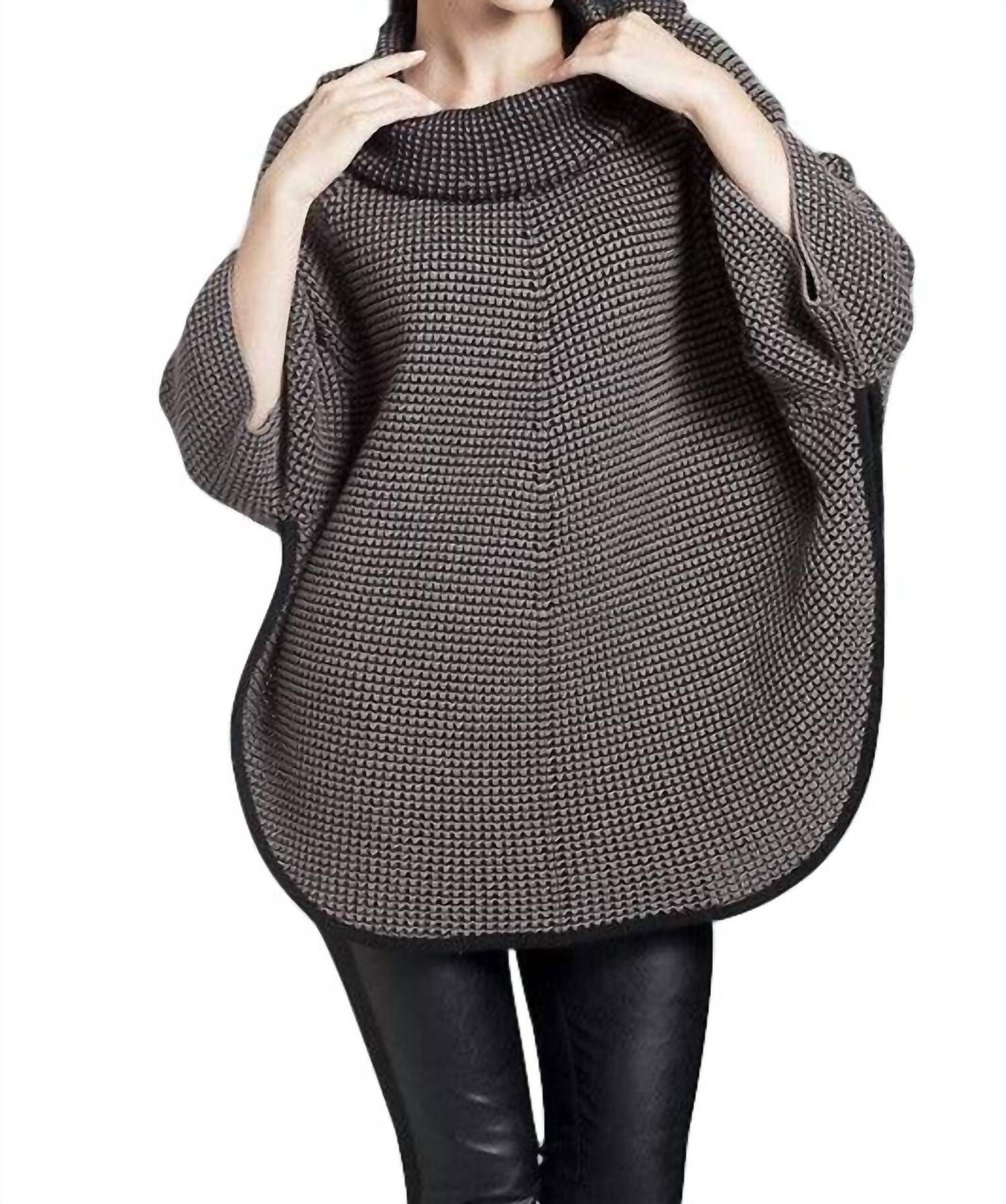 COWL NECK TWEED PONCHO IN TAUPE/BLACK, TaupeBlack / Black, hi-res image number 0