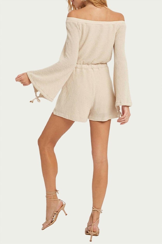 WAFFLE-KNIT OFF-THE SHOULDER ROMPER IN OATMEAL, Oatmeal / Beige, alternate image number 1