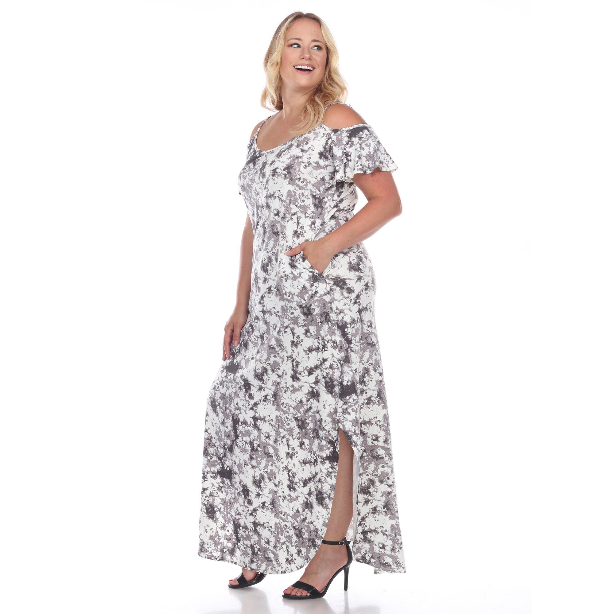 Cold Shoulder Tie-Dye Maxi Dress, BlackWhite / Black, alternate image number 3