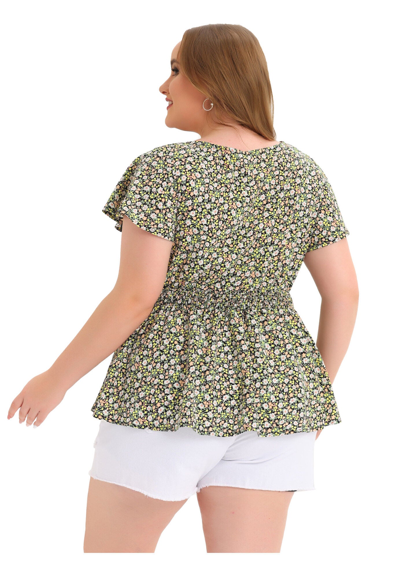 Button V Neck Smocked Waist Flare Short Sleeve Peplum Floral Blouse, Black / Black, alternate image number 3