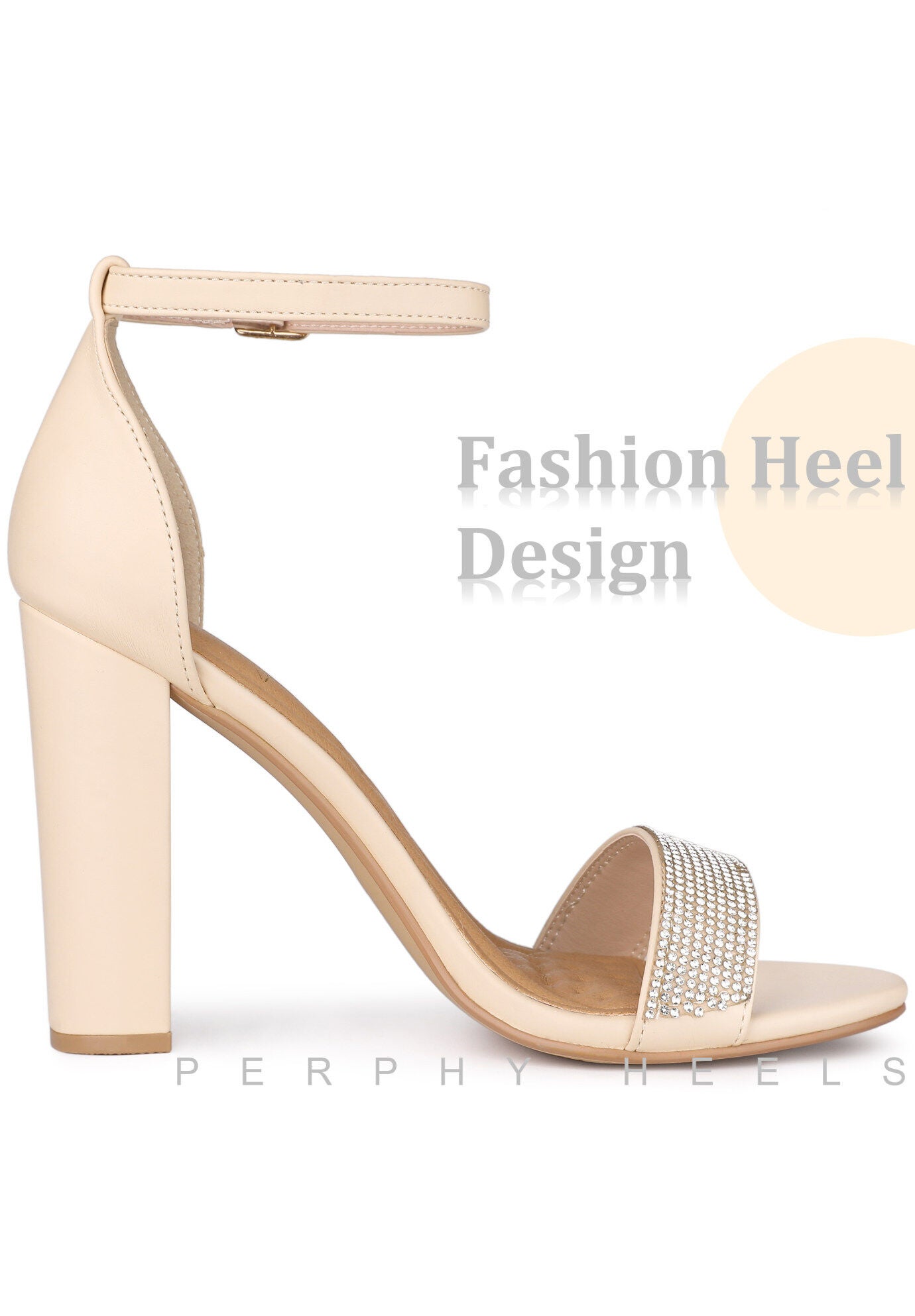 Open Toe Rhinestone Ankle Strap Chunky Heel Sandals, Beige / Beige, alternate image number 3