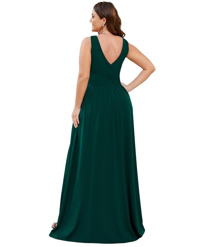 Sleeveless V-Neck Empire Waist High Slit Floor-Length Evening Dress, , alternate image number 5