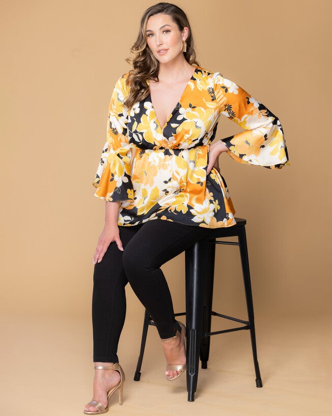 Honey Satin Bell Sleeve Top, SUNSET BLOOMS / Yellow, alternate image number 1