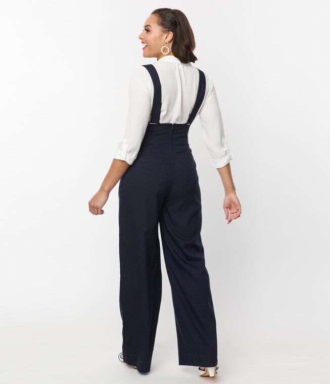 Unique Vintage Navy Wide Leg Suspender Pants, Blue / Navy, alternate image number 4