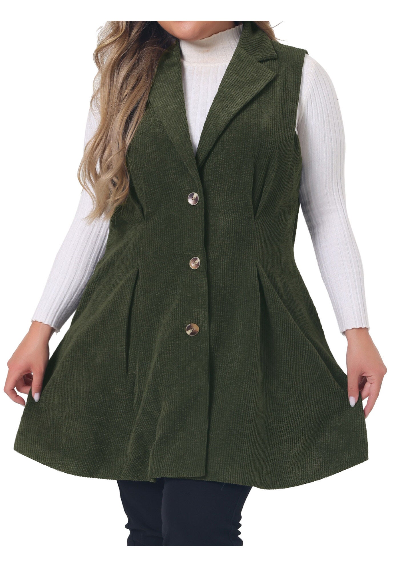 CORDUROY SINGLE BREASTED SLEEVELESS VEST JACKET, Army Green / Sage Green, alternate image number 1