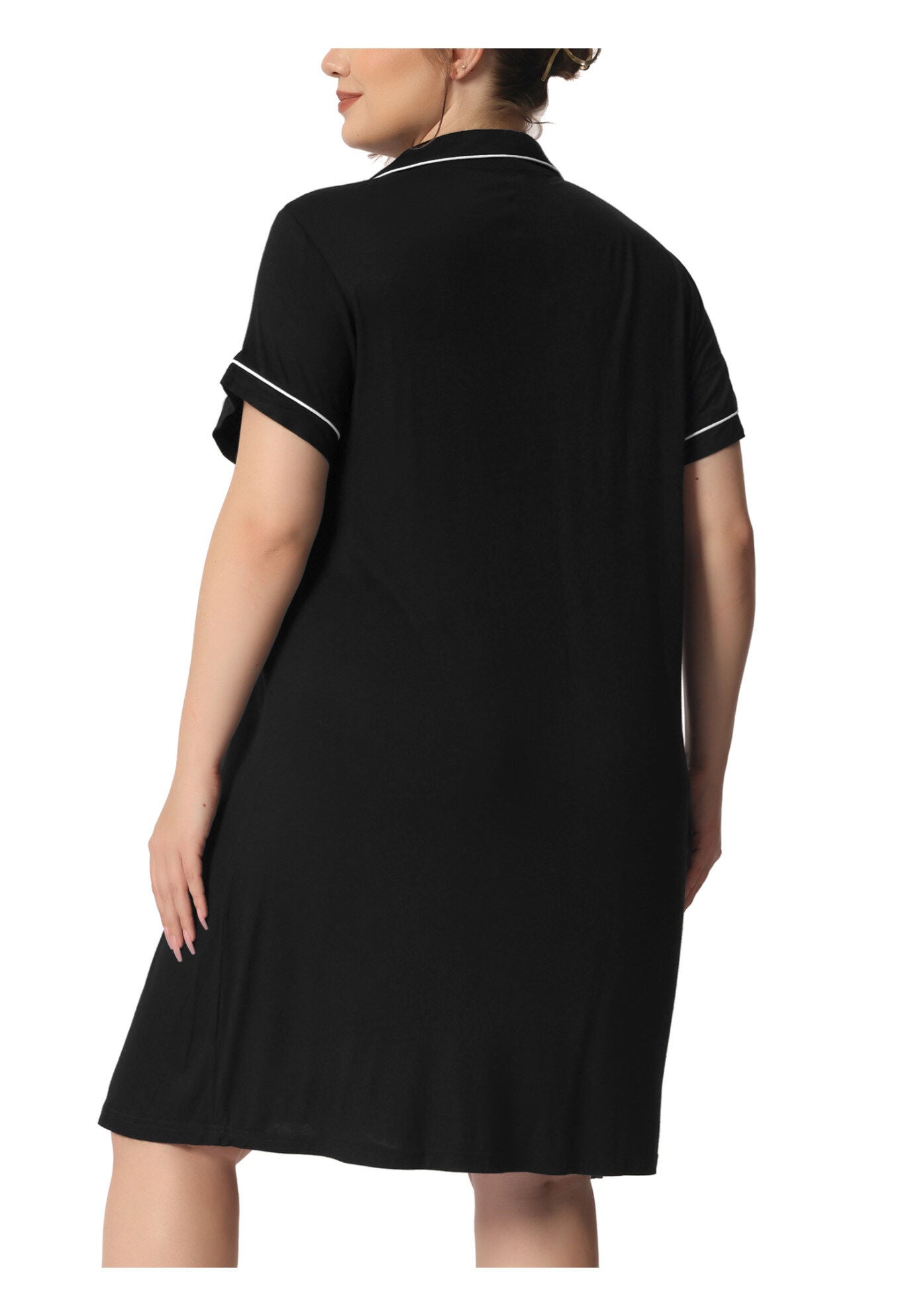 Short Sleeves Pajama Button Down Nightshirt, Black / Black, alternate image number 3