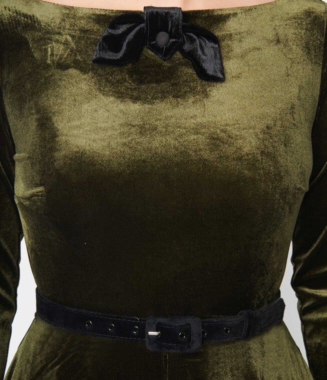 Unique Vintage Deep Olive Green Velvet Faux Bow Devon Swing Dress, Green / Olive Green, alternate image number 2