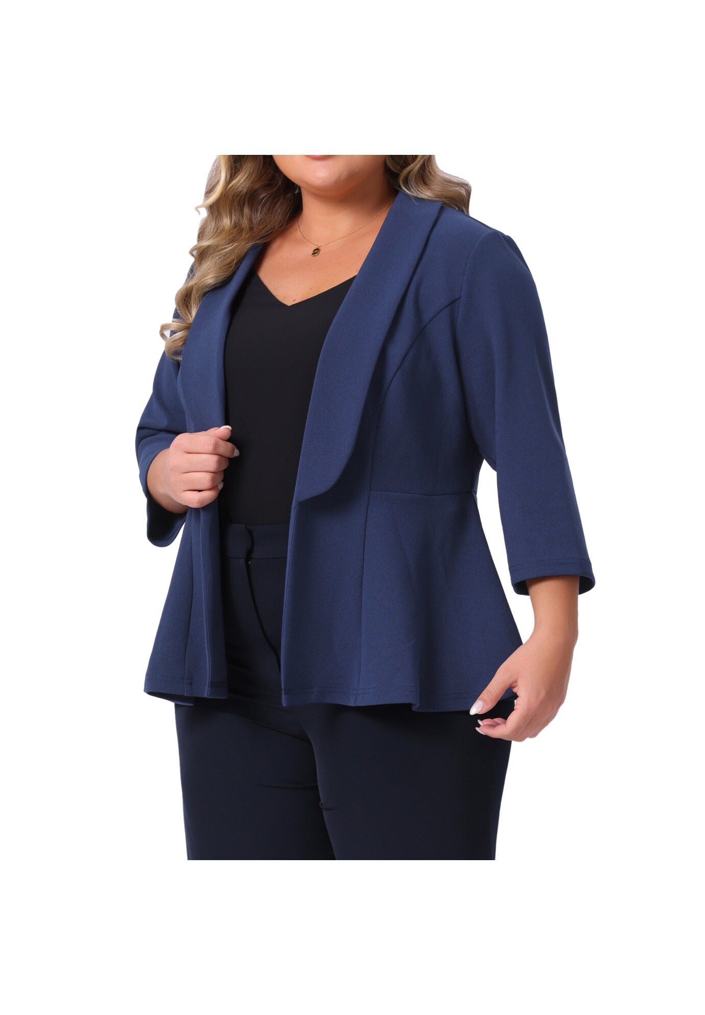 3/4 Sleeve Peplum Lapel Work Cardigan Blazer, Navy Blue / Navy, alternate image number 1