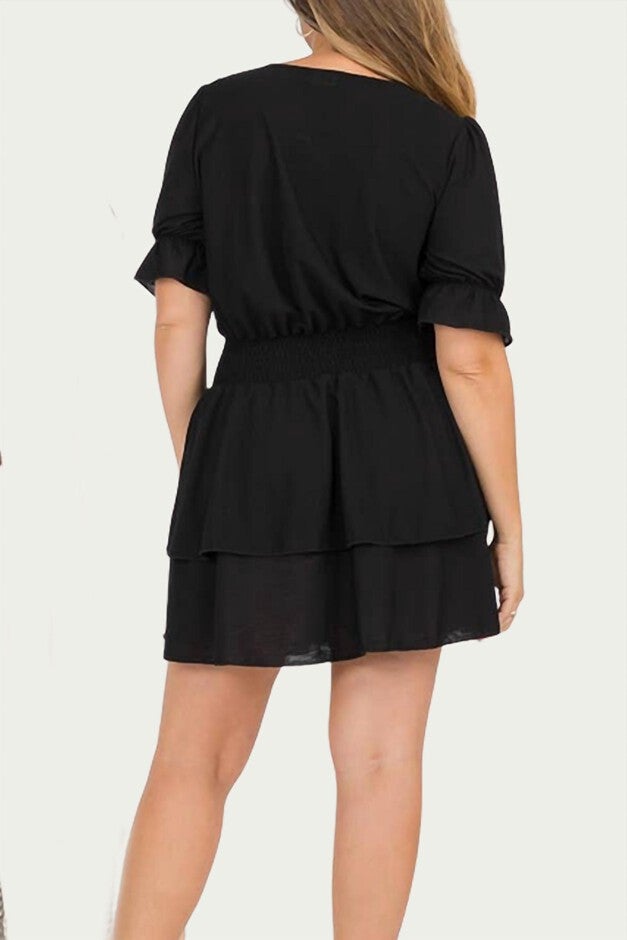 SMOCKED SURPLICE WOVEN MINI DRESS IN BLACK, Black / Black, alternate image number 4