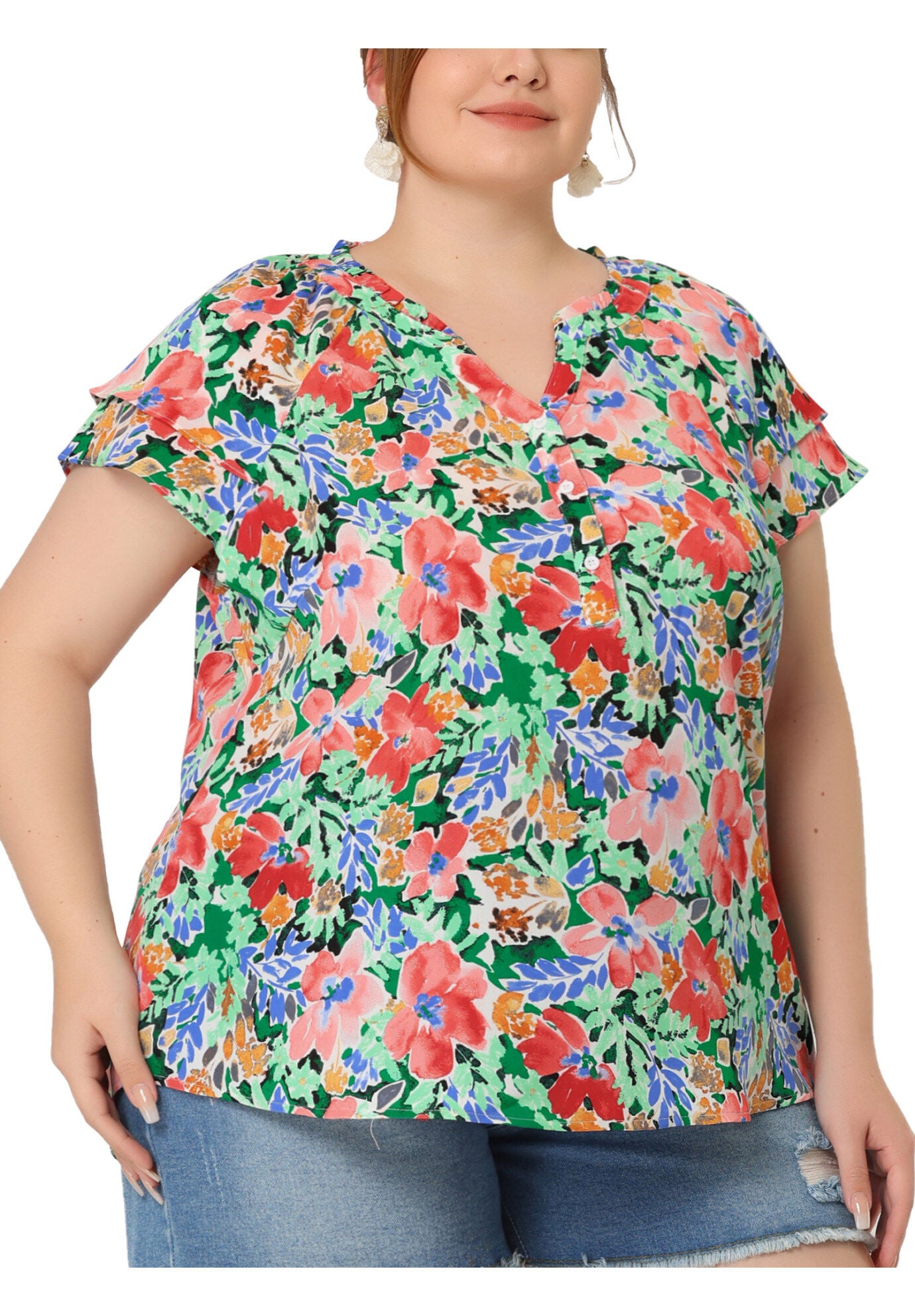 Floral Ruffle Trim V Neck Layered Sleeve Blouse, Green / Light Green, alternate image number 4