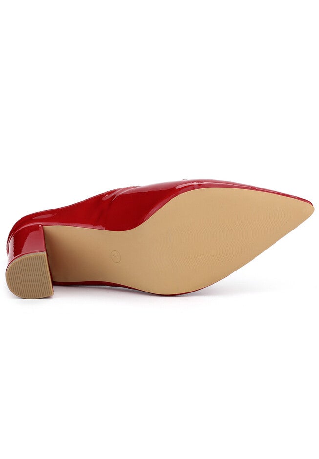 Pointed Toe Pearl Bow Chunky Heel Slide Mules, Red / Red, alternate image number null