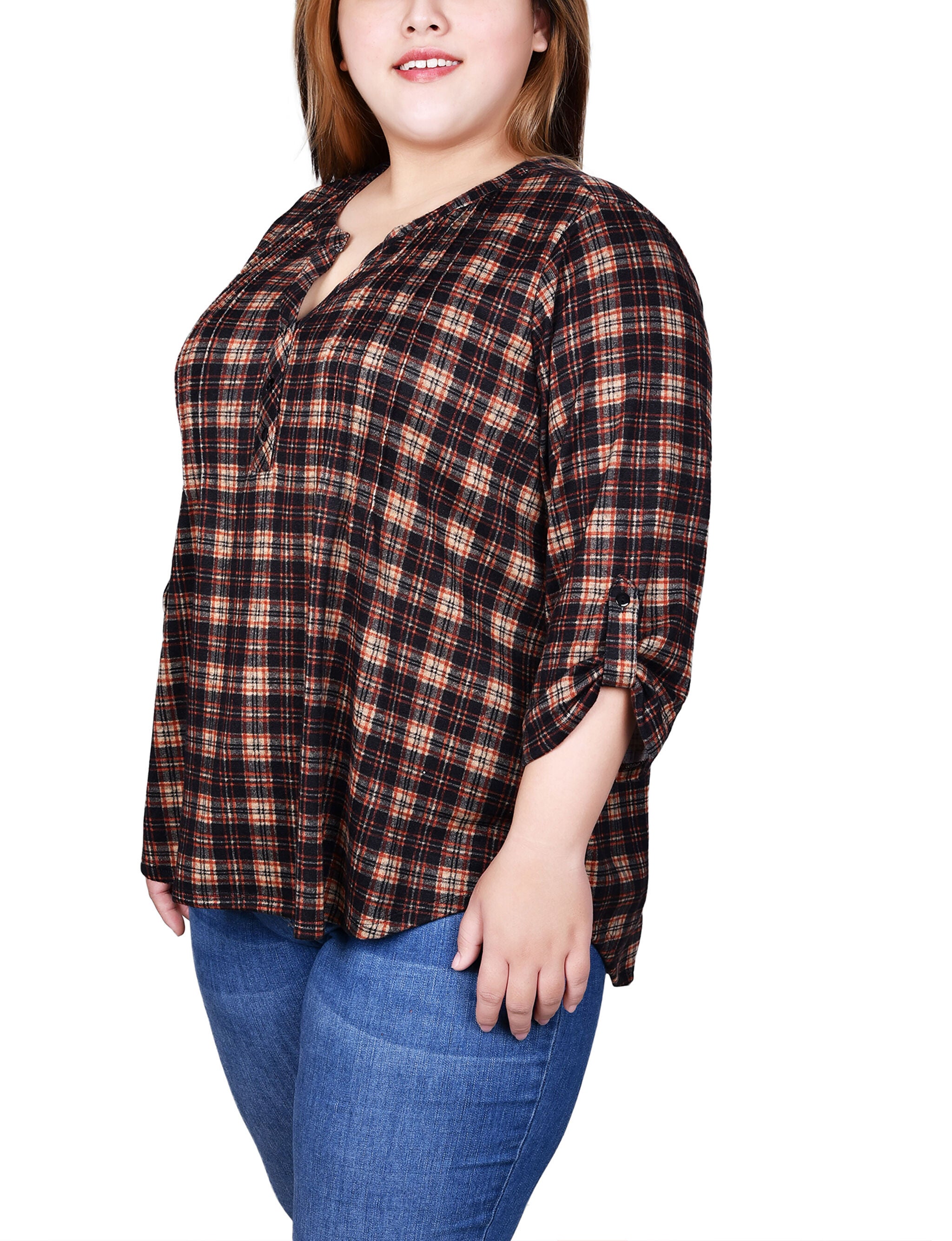 3/4 Roll Sleeve Top, Nude Black Plaid / black, alternate image number 2