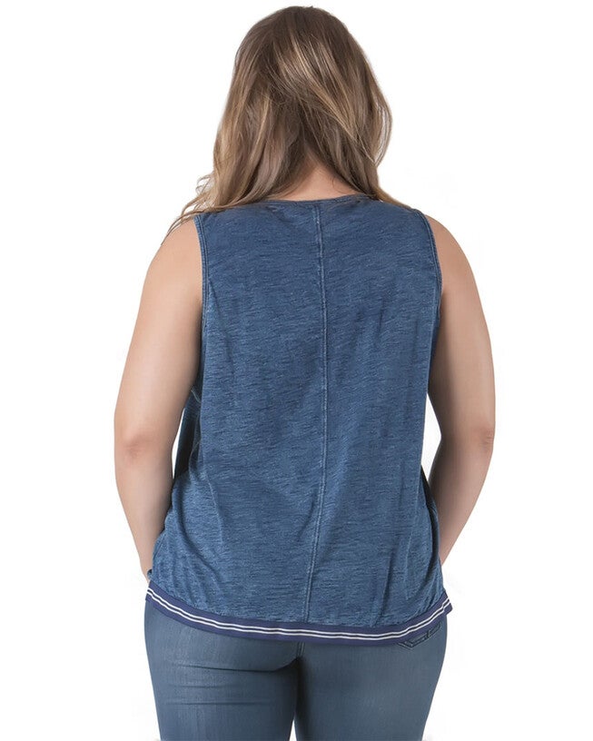 Plus Size Brandie Cross Over Sleeveless Indigo Knit Tank Top, , alternate image number null