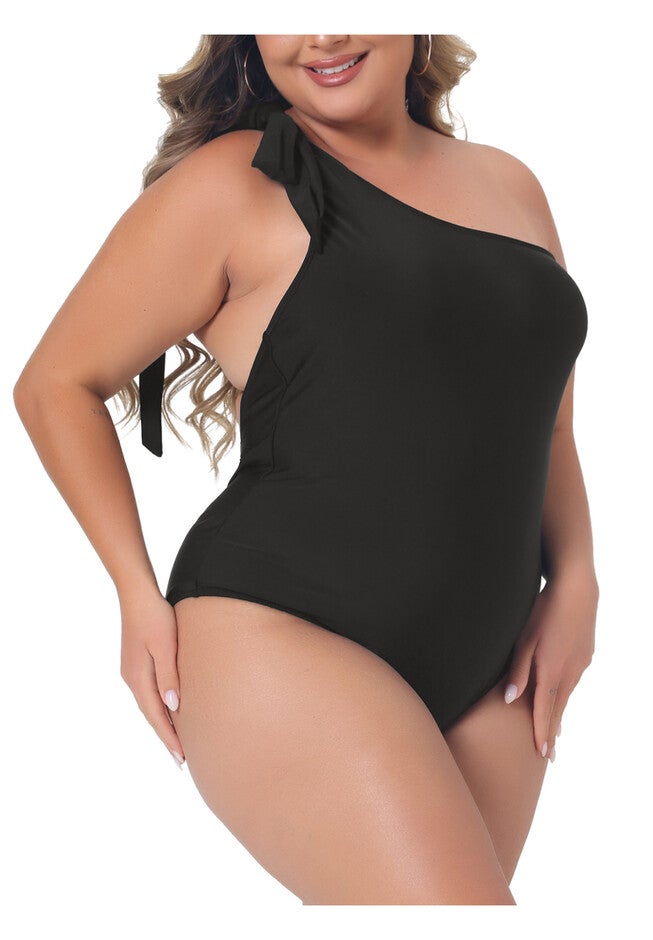 Summer Swimsuit One Shoulder Knot Swimwear, Black / Black, alternate image number 1