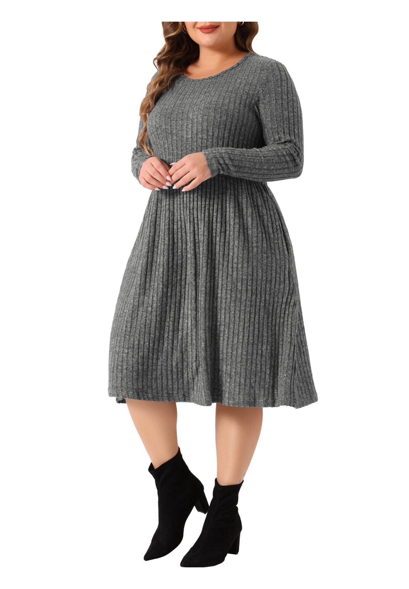 Round Neck Long Sleeve Elegant Ribbed Midi Knit Sweater Dress, Gray / Warm Grey, alternate image number 1
